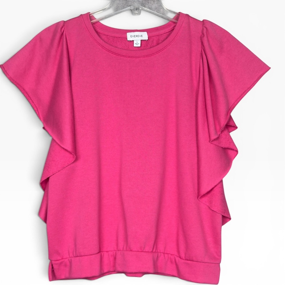 Evereve Ruffle Sleeve Sweatshirt Womens Large Pink Short Sleeve Crew Neck Top - Picture 1 of 7